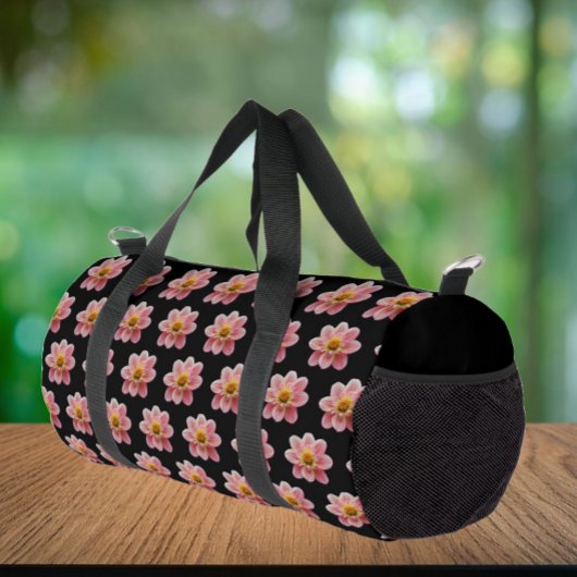 Pink Collarette Dahlia Blumenmuster auf schwarz Duffle Bag