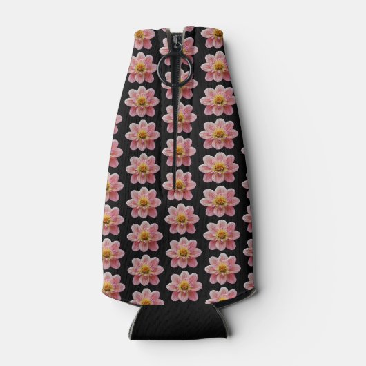 Pink Collarette Dahlia Blumenmuster auf schwarz Flaschenkühler (Rückseite)