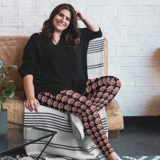 Pink Collarette Dahlia Blumenmuster auf schwarz Leggings