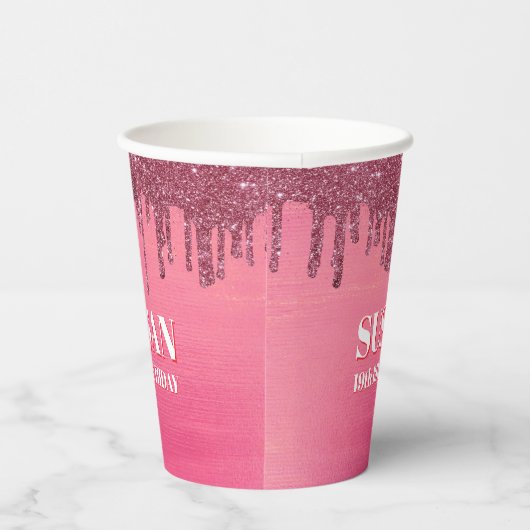 Pink color faux glitter birthday pappbecher (Rechts)