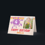 Pink Color Splash 3 Foto Geburtstagskarte für Mädc Karte<br><div class="desc">Fun Pink Color Splash 3 Foto Geburtstagskarte für Mädchen. Geburtstagskarte für Kinder mit rosa Farbspritze und farbenfrohen Streifen. Fügen Sie Ihr Foto auf der Vorderseite und 2 Fotos in der Karte und personalisieren Sie mit Name,  Alter und Text.</div>