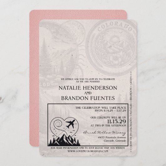 Pink Colorado Passport Hochzeit Einladung (Vorne/Hinten)