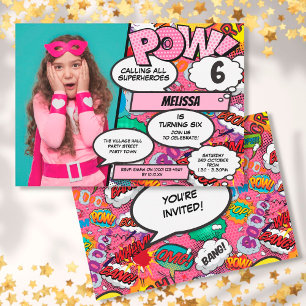 Pink Comic-Geburtstagsfeier-Foto eines Superhelden Einladung