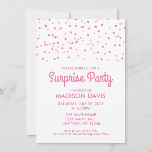 Pink Confetti Überraschung Geburtstagsparty Einladung (Vorderseite)