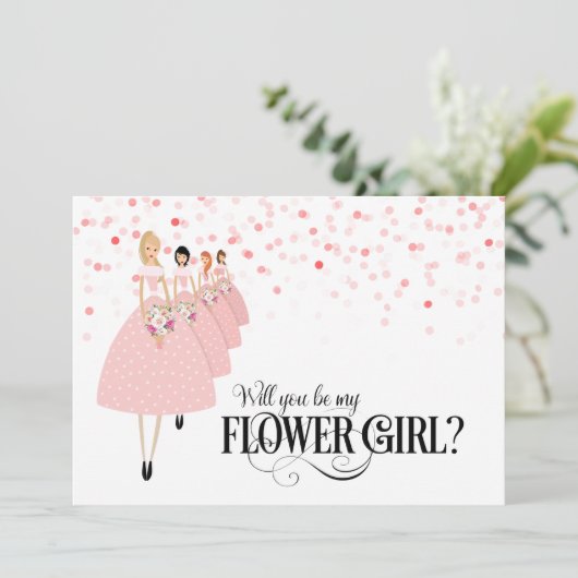 Pink Confetti wird mein Blumenmädchen sein Einladung (Stehend Vorderseite)