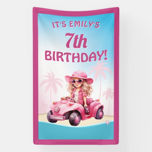 Pink Convertible Beach Birthday Banner (Vertikal)