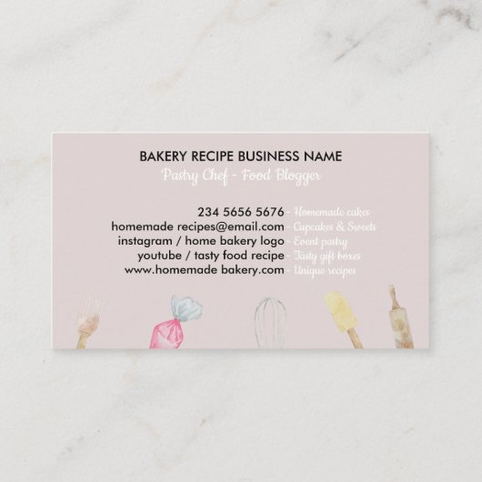 Pink Cook Koch Aquarell Backutensien Bäckerei Visitenkarte (Rückseite)
