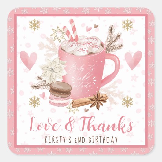 Pink Cookies & Cocoa Birthday Party Favor Quadratischer Aufkleber (Vorderseite)