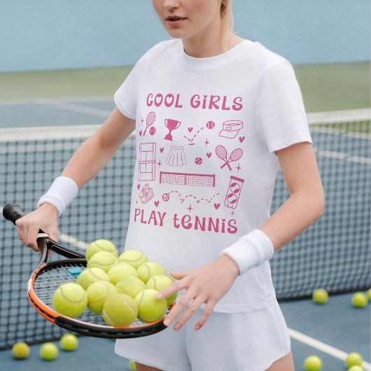 Pink Cool Girls Play Tennis Cute Hearts T-Shirt