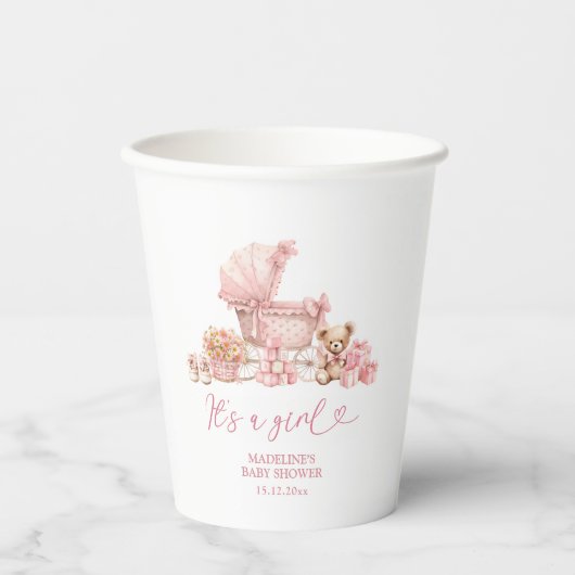 Pink Coquette Baby Carriage Baby Shower Paper Cups Pappbecher (Vorderseite)
