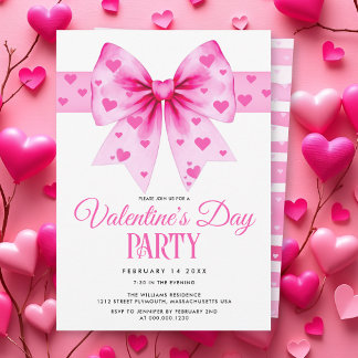 Pink coquette bow and hearts Valentine's Day party Einladung