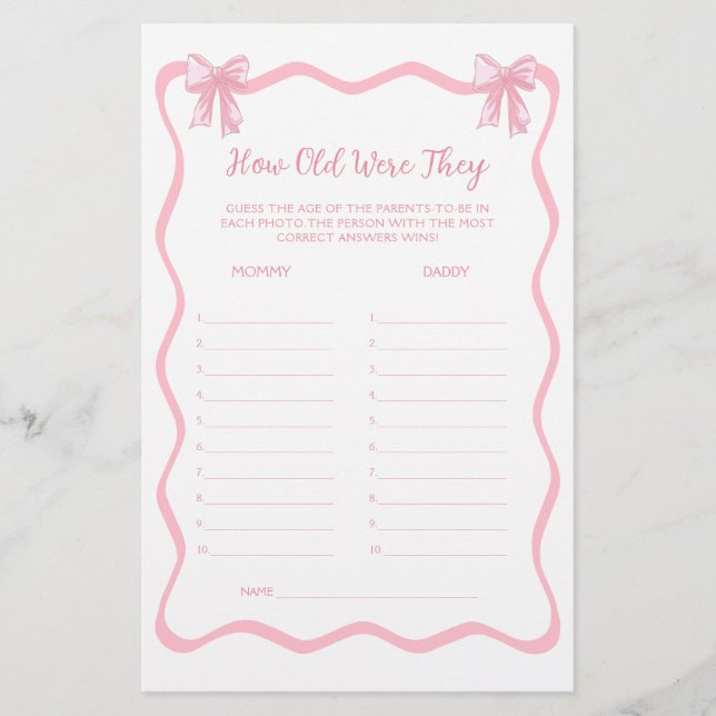 Pink Coquette Bow Baby Dusche Raten Sie das Alter  (Vorderseite)