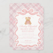 Pink Coquette Bow Bear Beary First Birthday Einladung (Vorne/Hinten)