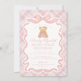 Pink Coquette Bow Bear Beary First Birthday Einladung