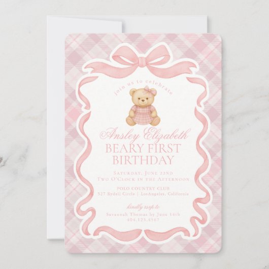 Pink Coquette Bow Bear Beary First Birthday Einladung (Vorderseite)