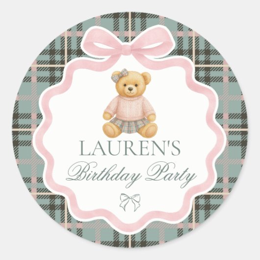 Pink Coquette Bow Bear Birthday Envelope Seal Runder Aufkleber (Vorderseite)