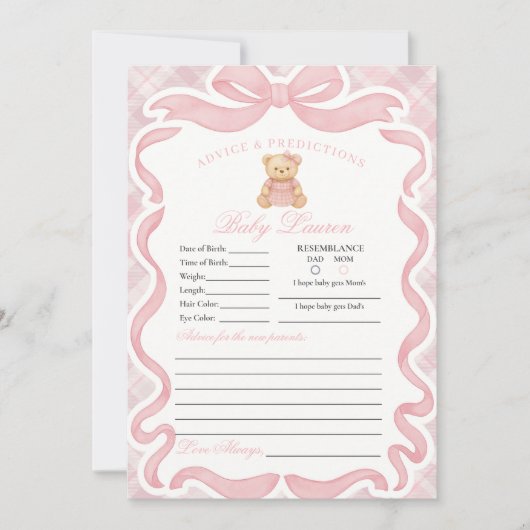 Pink Coquette Bow Bear Girl Advice for Baby Card Einladung (Vorderseite)