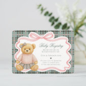 Pink Coquette Bow Bear Plaid Baby Registry Card Begleitkarte (Stehend Vorderseite)