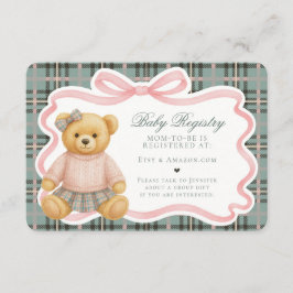 Pink Coquette Bow Bear Plaid Baby Registry Card Begleitkarte
