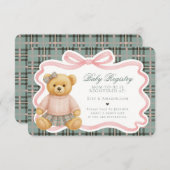Pink Coquette Bow Bear Plaid Baby Registry Card Begleitkarte (Vorne/Hinten)