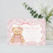 Pink Coquette Bow Bear Plaid Baby Registry Card Begleitkarte (Stehend Vorderseite)