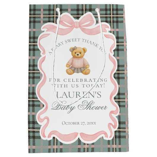Pink Coquette Bow Bear Plaid Baby Shower Favors Mittlere Geschenktüte (Vorderseite)