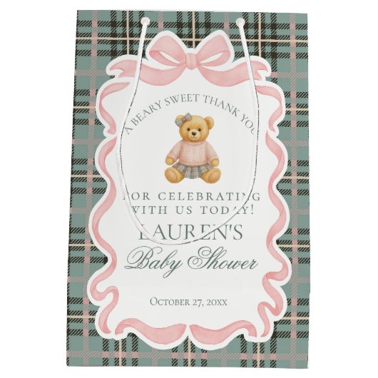 Pink Coquette Bow Bear Plaid Baby Shower Favors Mittlere Geschenktüte (Rückseite)