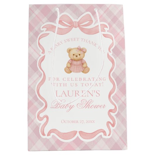 Pink Coquette Bow Bear Plaid Baby Shower Favors Mittlere Geschenktüte (Vorderseite)