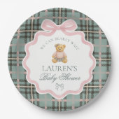Pink Coquette Bow Bear Plaid Baby Shower  Pappteller (Vorderseite)