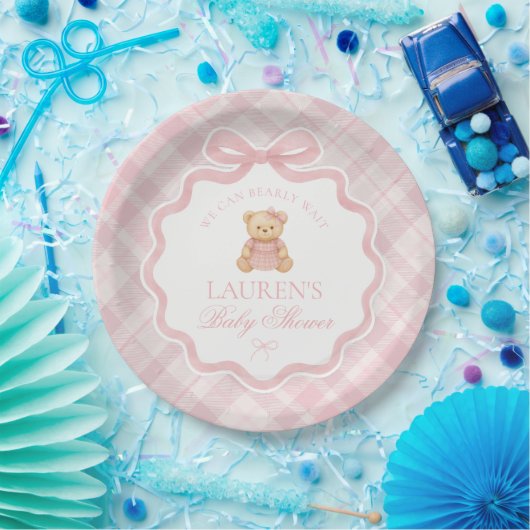Pink Coquette Bow Bear Plaid Baby Shower  Pappteller (Party)