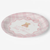 Pink Coquette Bow Bear Plaid Baby Shower Pappteller (Schrägansicht)