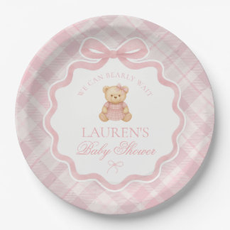 Pink Coquette Bow Bear Plaid Baby Shower  Pappteller