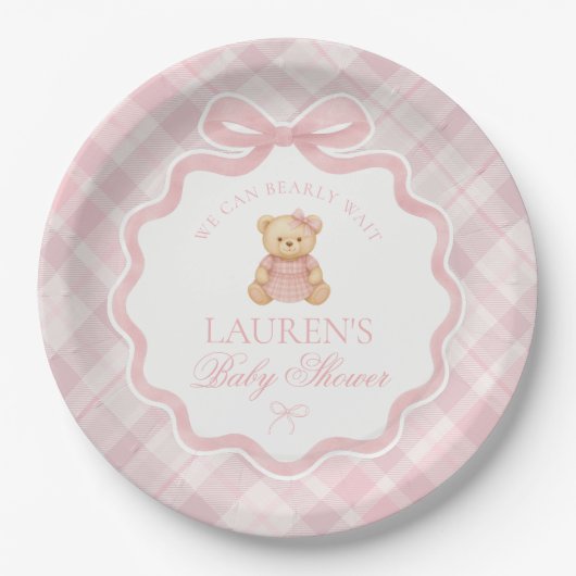 Pink Coquette Bow Bear Plaid Baby Shower Pappteller (Vorderseite)