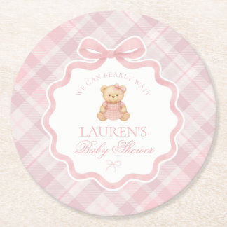 Pink Coquette Bow Bear Plaid Baby Shower Runder Pappuntersetzer