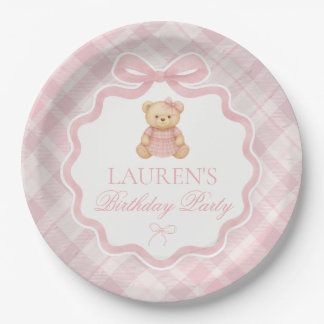Pink Coquette Bow Bear Plaid Birthday Pappteller