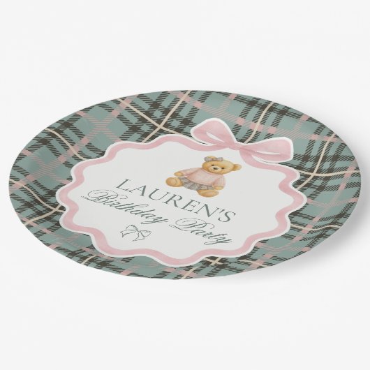 Pink Coquette Bow Bear Plaid Birthday Pappteller (Schrägansicht)