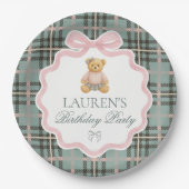 Pink Coquette Bow Bear Plaid Birthday Pappteller (Vorderseite)