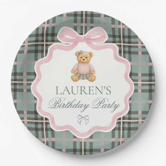 Pink Coquette Bow Bear Plaid Birthday  Pappteller (Vorderseite)