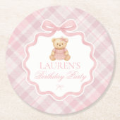 Pink Coquette Bow Bear Plaid Birthday  Runder Pappuntersetzer (Vorderseite)
