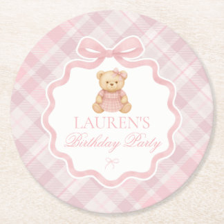 Pink Coquette Bow Bear Plaid Birthday Runder Pappuntersetzer