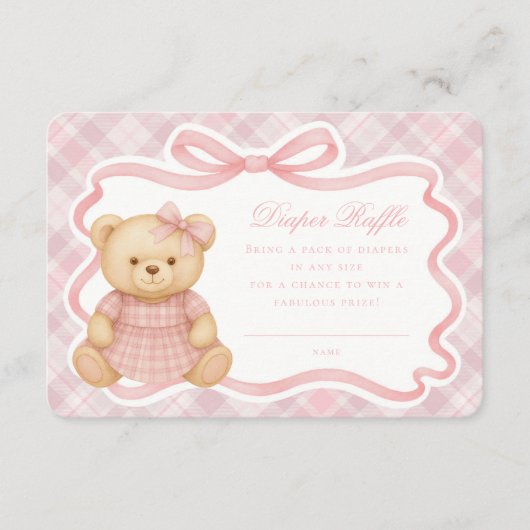 Pink Coquette Bow Bear Plaid Diaper Raffle Card Begleitkarte (Vorderseite)