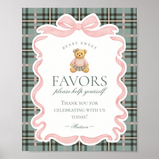 Pink Coquette Bow Bear Plaid Party Favors Sign Poster (Vorne)