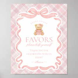 Pink Coquette Bow Bear Plaid Party Favors Sign Poster