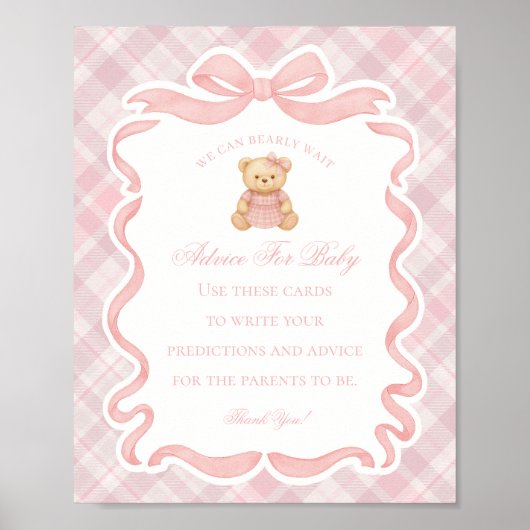 Pink Coquette Bow Bear Shower Advice for Baby Poster (Vorne)