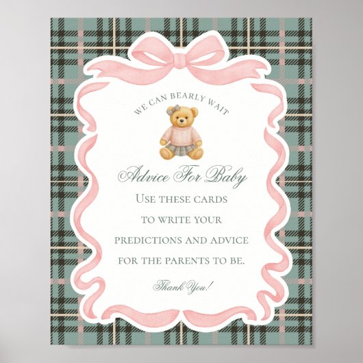 Pink Coquette Bow Bear Shower Advice for Baby Poster (Vorne)