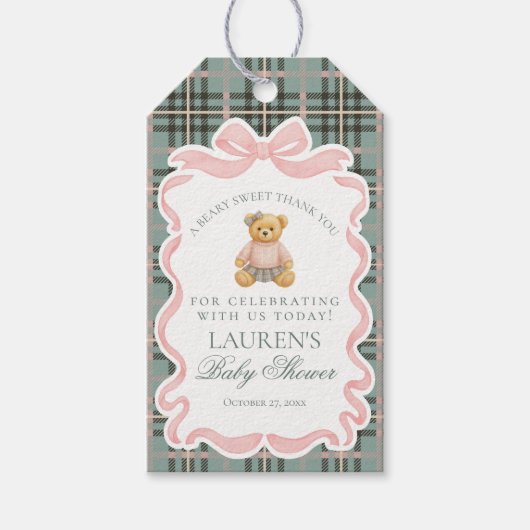 Pink Coquette Bow Bear Tartan Baby Shower Favors Geschenkanhänger (Vorderseite)