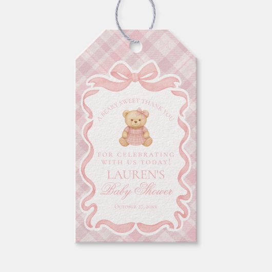 Pink Coquette Bow Bear Tartan Baby Shower Favors Geschenkanhänger (Vorderseite)