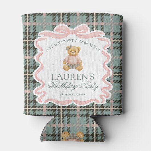 Pink Coquette Bow Bear Tartan Birthday Favor Dosenkühler (Rückseite)