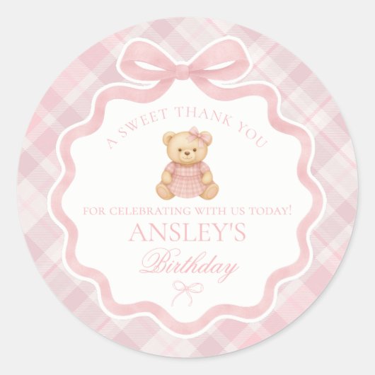 Pink Coquette Bow Bear Tartan Birthday Favor Runder Aufkleber (Vorderseite)