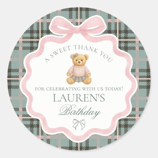 Pink Coquette Bow Bear Tartan Birthday Favor Runder Aufkleber (Vorderseite)